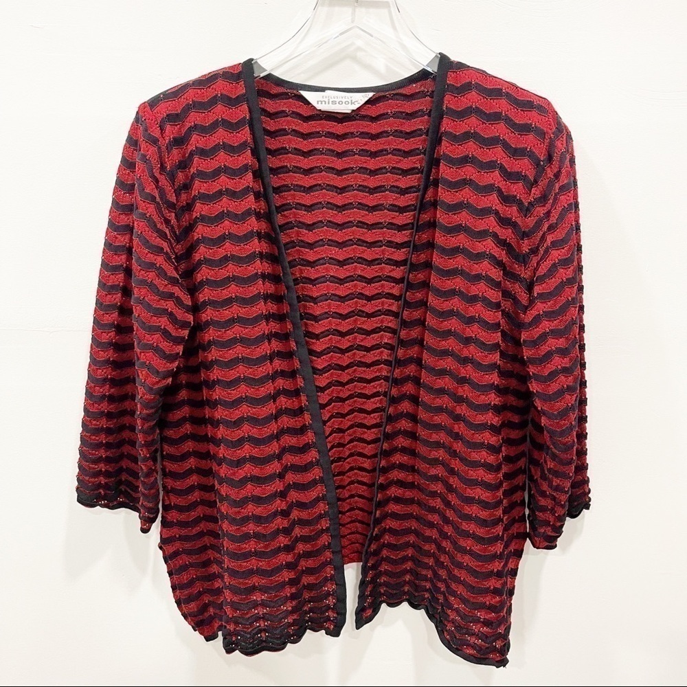 Exclusively Misook Red Black Knit Cardigan Jacket Chevron 3/4 Sleeve Medium